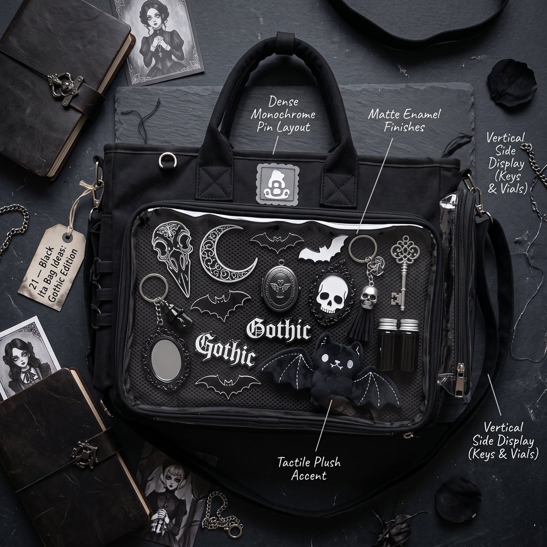 Gothic monochrome black ita bag display with controlled contrast and cohesive dark merchandise