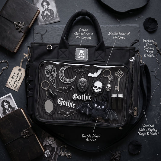 Gothic monochrome black ita bag display with controlled contrast and cohesive dark merchandise