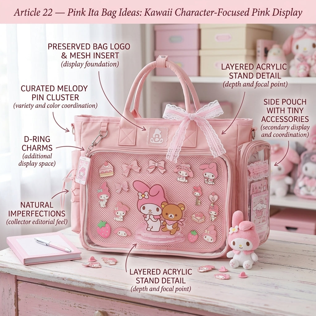 Kawaii character-focused pink ita bag display with cohesive pastel merchandise and clear focal hierarchy