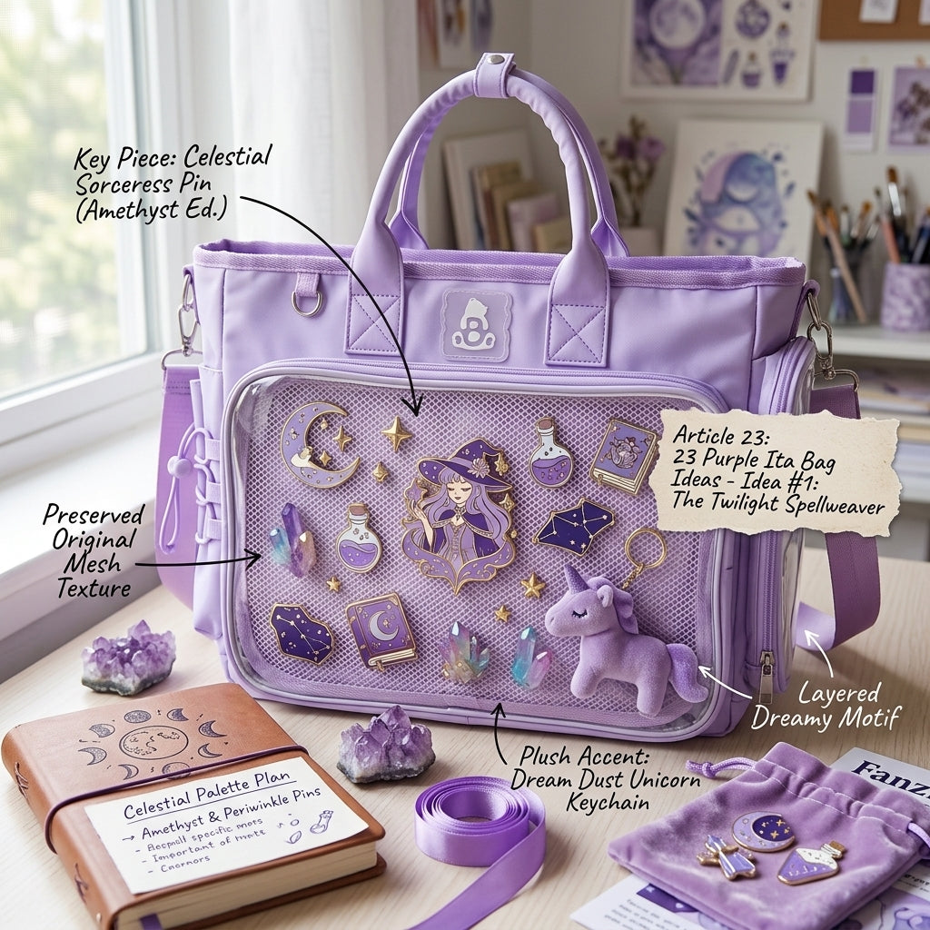 Dreamy magical purple ita bag display with cohesive lavender and violet collector styling