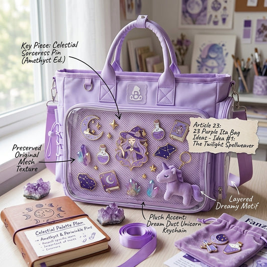 Dreamy magical purple ita bag display with cohesive lavender and violet collector styling