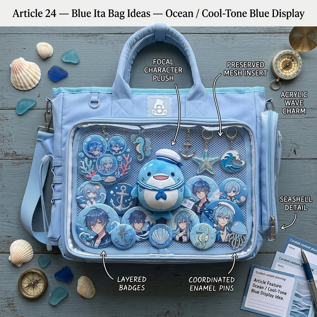 Ocean-inspired cool-tone blue ita bag display with layered blue merchandise and clear hierarchy