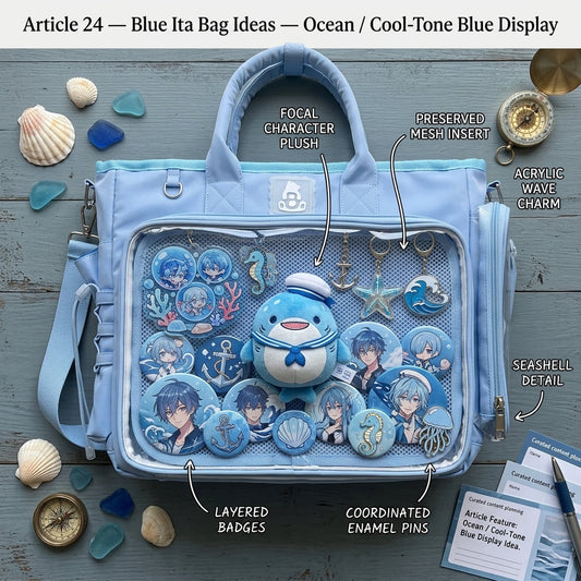 Ocean-inspired cool-tone blue ita bag display with layered blue merchandise and clear hierarchy