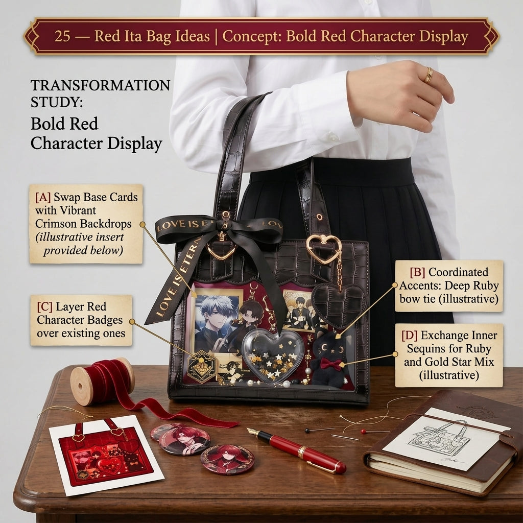 Bold red character-focused ita bag display with strong contrast and dramatic collector styling