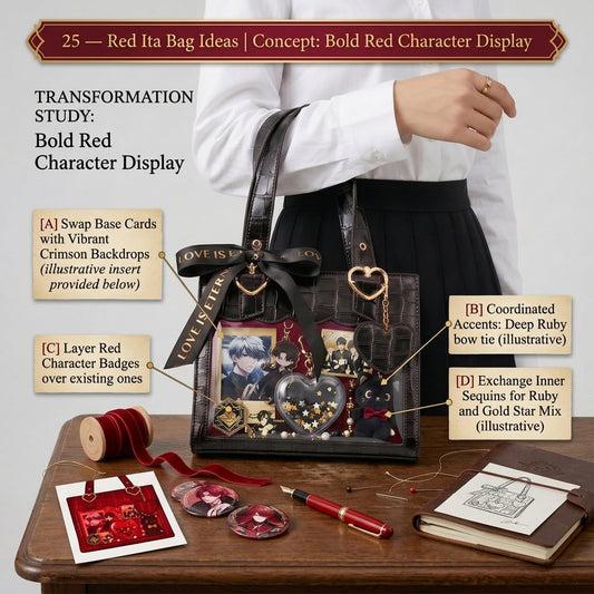 Bold red character-focused ita bag display with strong contrast and dramatic collector styling