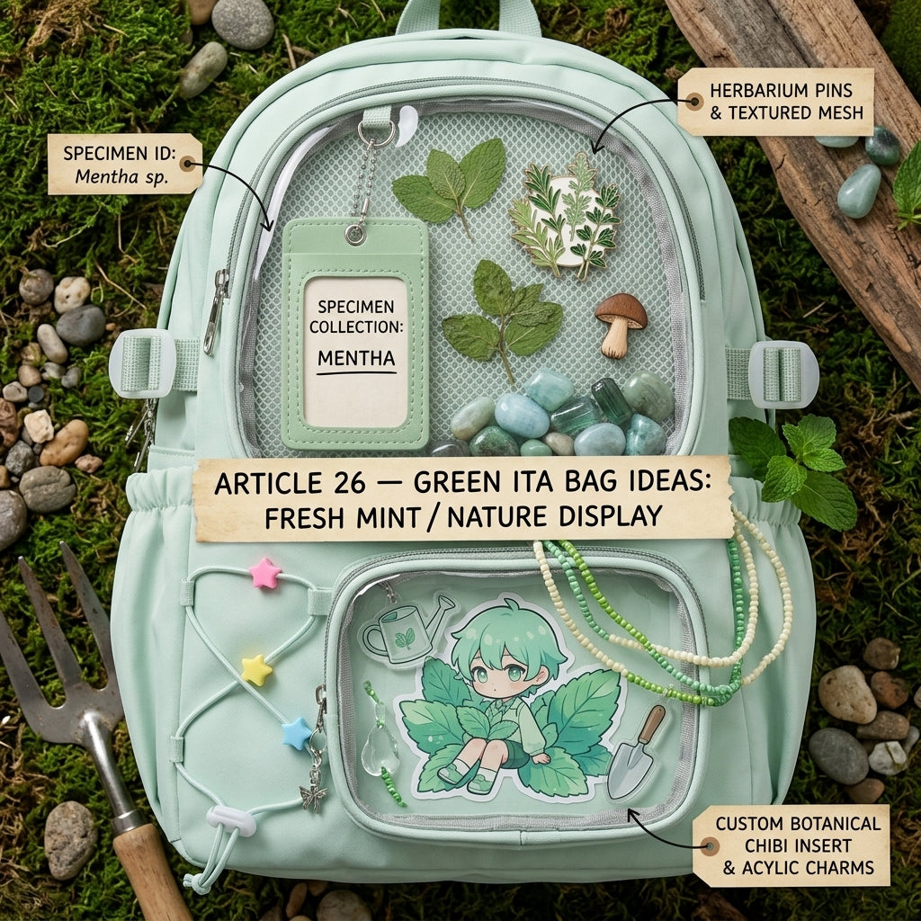 Fresh mint green ita bag display inspired by nature with cohesive green collector merchandise