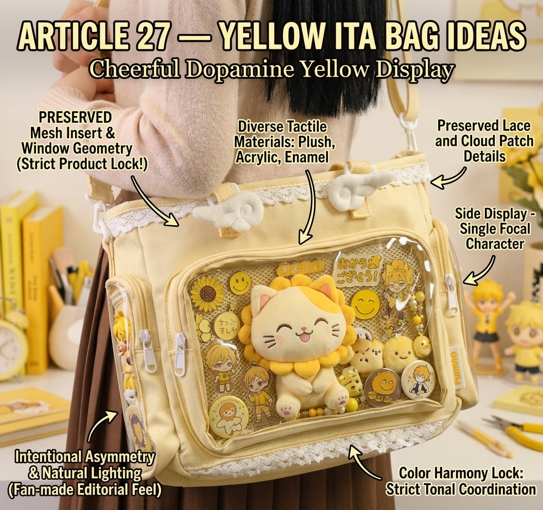 Cheerful dopamine yellow ita bag display with bright but coordinated collector merchandise