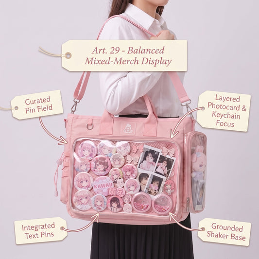 Balanced ita bag display combining pins, photocards and keychains with clear visual hierarchy