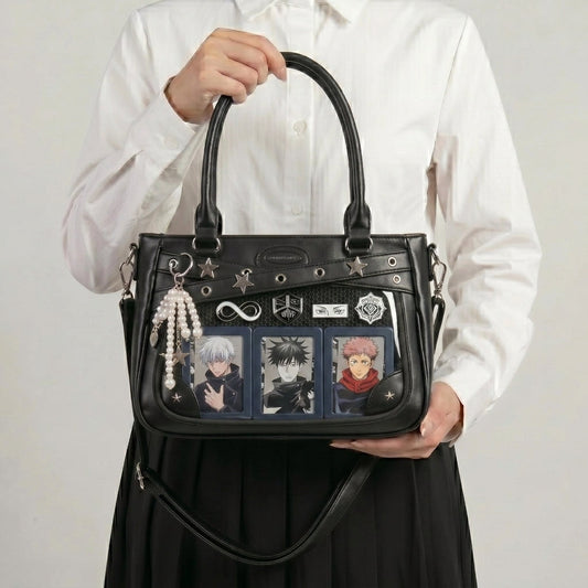 Photocard-first ita bag display with protected cards as the focal point and smaller supporting badges around them