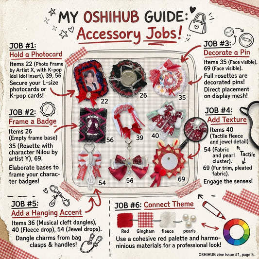 Ita bag accessories overview showing photocard holders, badge frames, rosettes, charms and decorative accents