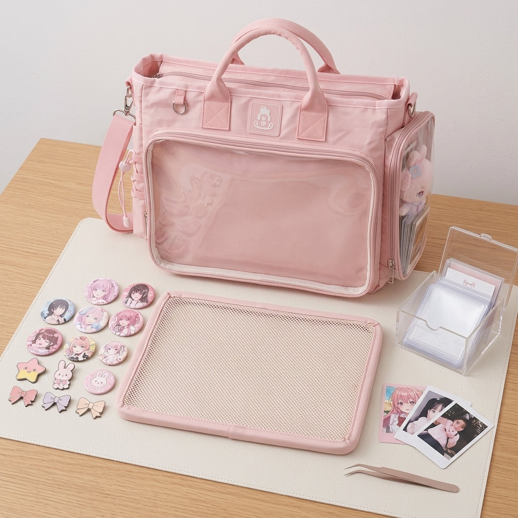 Removable ita bag insert placed outside a pink OshiHub bag with coordinated pins and photocards ready for a new theme