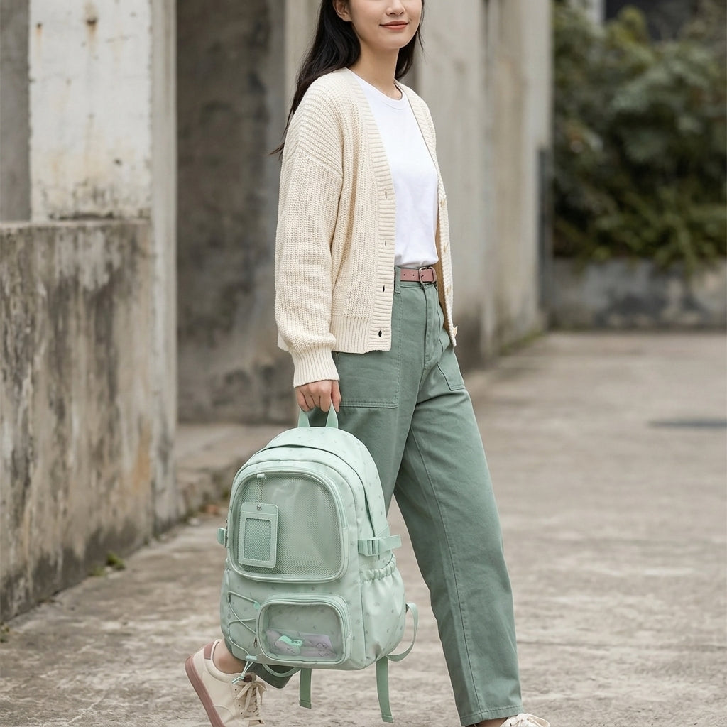Pastel green ita backpack styled with a cream and muted green casual outfit while keeping the display visible
