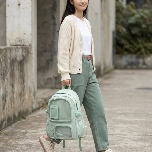 Pastel green ita backpack styled with a cream and muted green casual outfit while keeping the display visible
