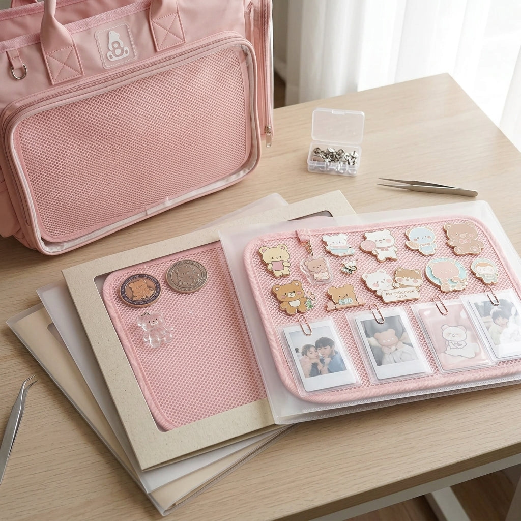 Prepared ita bag inserts stored flat in protective sleeves beside an OshiHub bag between events