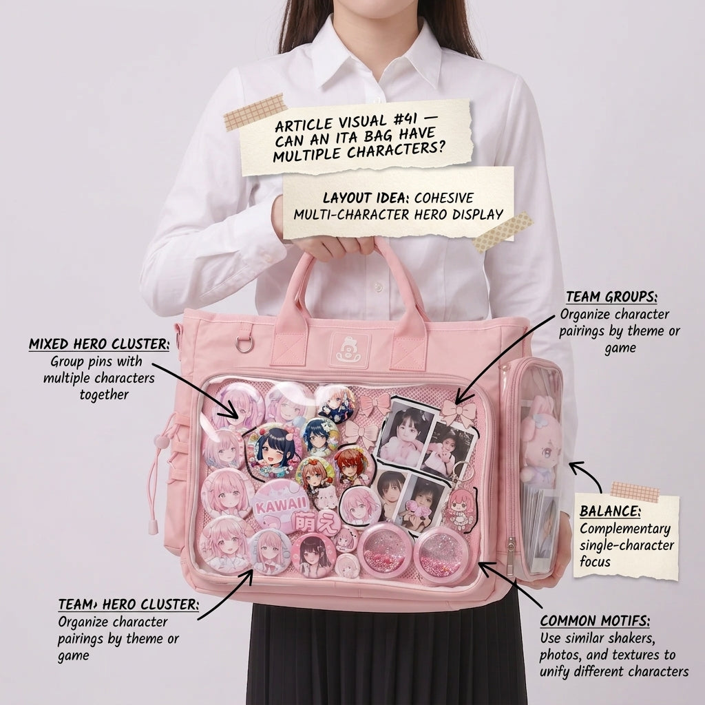 Multi-character ita bag layout showing grouped pins, photocards and shared motifs for a cohesive display