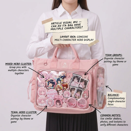 Multi-character ita bag layout showing grouped pins, photocards and shared motifs for a cohesive display