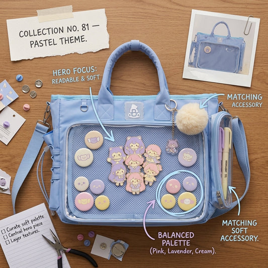 Pastel ita bag hero display with soft colors and readable collector merchandise hierarchy