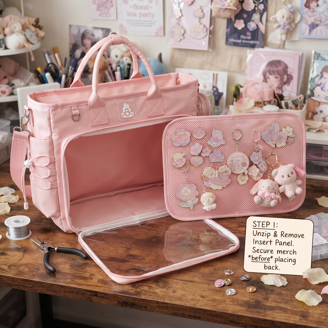 Wide display ita bag showing a large clear-window canvas