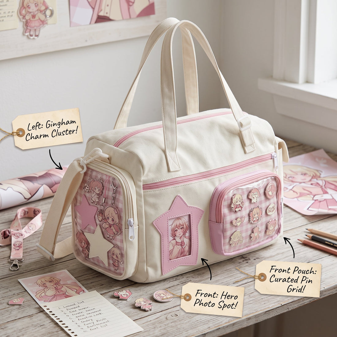 Three-sided ita bag display styled with coordinated fandom merchandise
