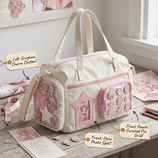 Three-sided ita bag display styled with coordinated fandom merchandise
