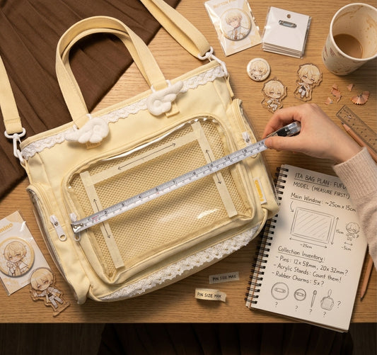 Repeated badge ita bag layout showing a clean pin wall