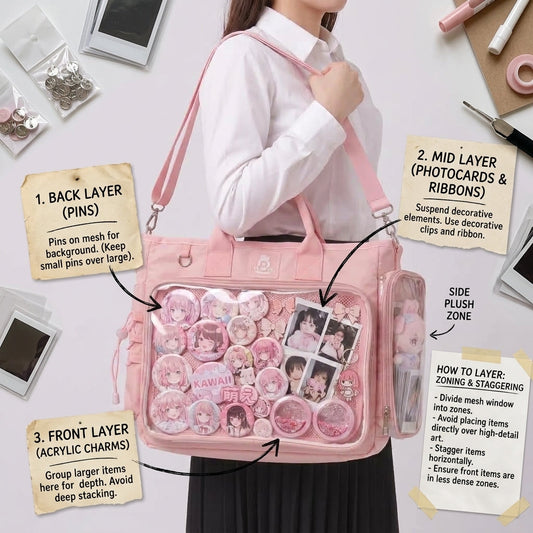 Layered pins photocards and charms ita bag display