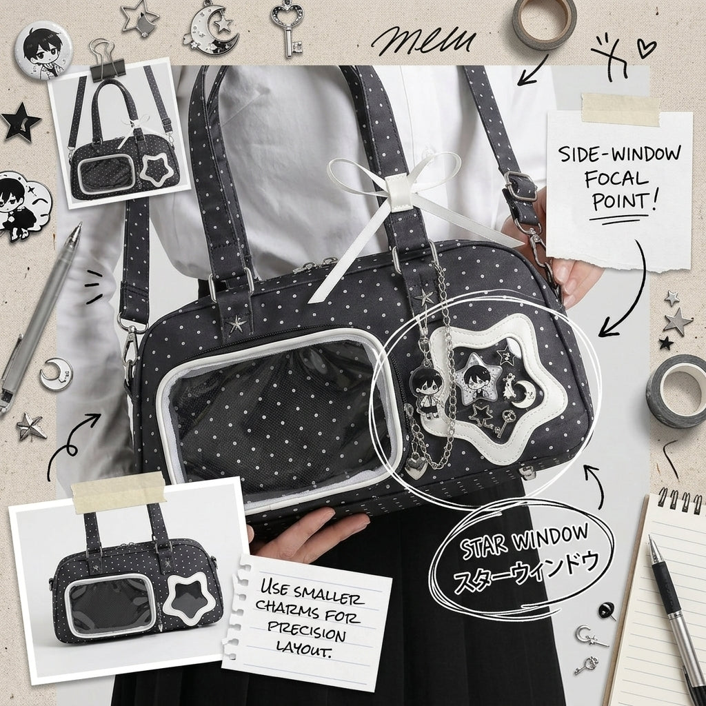 Close-up example of a decorated ita bag side window with a focused mini display