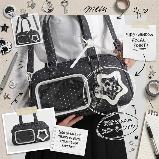 Close-up example of a decorated ita bag side window with a focused mini display