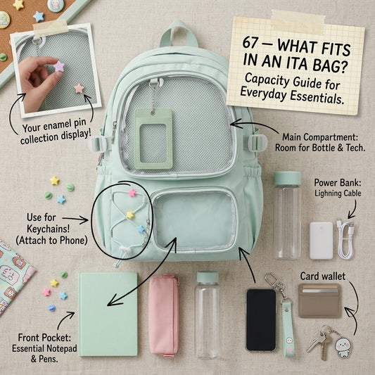 Everyday essentials arranged with an ita bag to illustrate practical carrying capacity