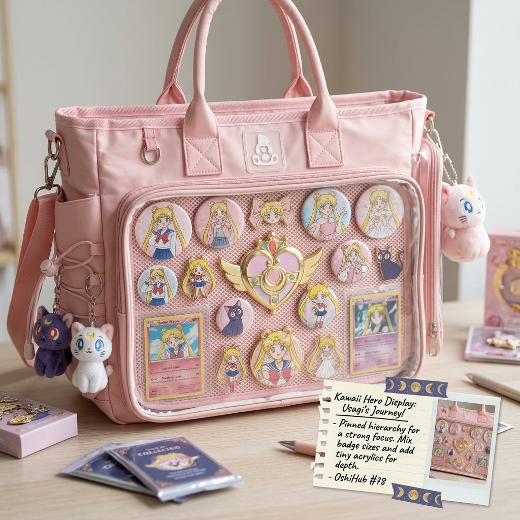 Kawaii ita bag display with a cute cohesive layout and soft coordinated accessories
