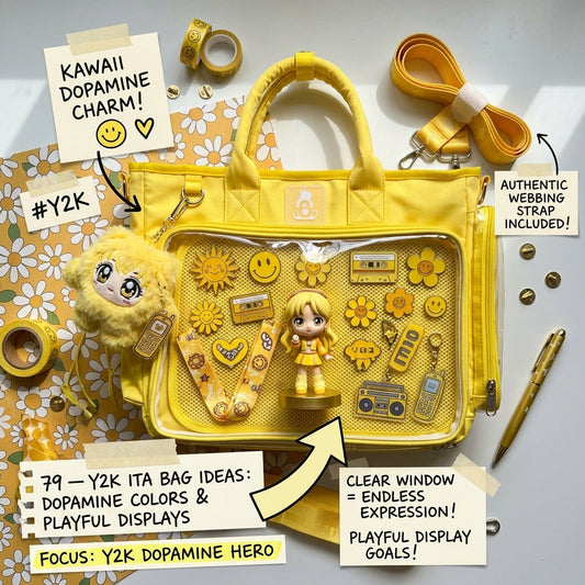 Y2K ita bag display with playful dopamine colors and a bold collector layout
