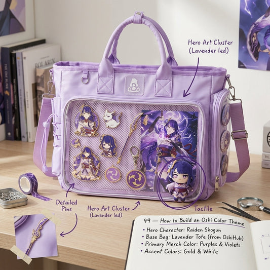 Oshi color themed ita bag display built around a coordinated character palette