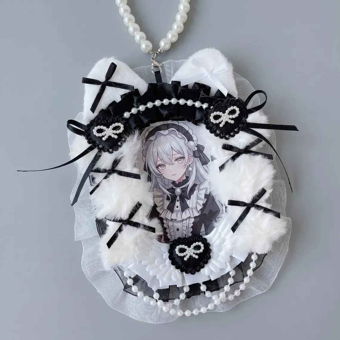 Black Ita Bag Accessories Set | Ribbon Bow Charm, Pin Holder, Badge Holder, Photocard Holder, Ita Bag Accessories, Oshikatsu Decor