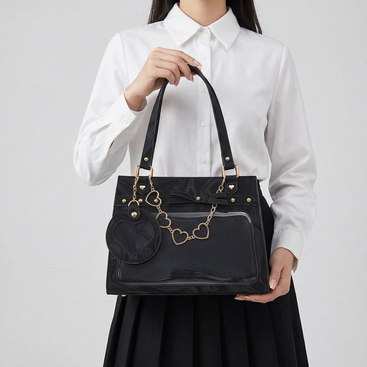 Sakura Dual Window Shoulder Ita Bag alternate angle showing dual display areas and bag depth