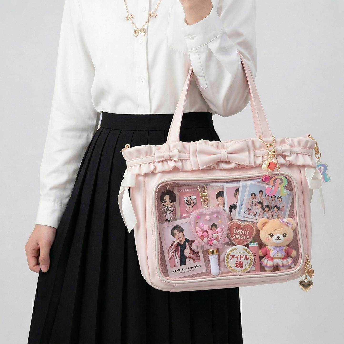 Waku Wide DIsplay Itabag | Kawaii Y2K Dopamine Ruffle Trim Structured Frame Large Pink ita bag, Custom Anime Oshikatsu Window Display Bag