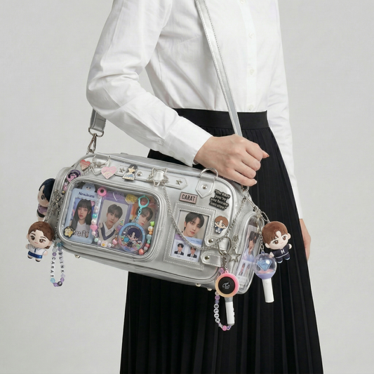 Tsutsu Y2K Dopamine Silver Barrel Duffle Multi Pocket Crossbody Ita Bag | Cute Kawaii ita bag, itabag backpack, Anime Oshikatsu Window Bag