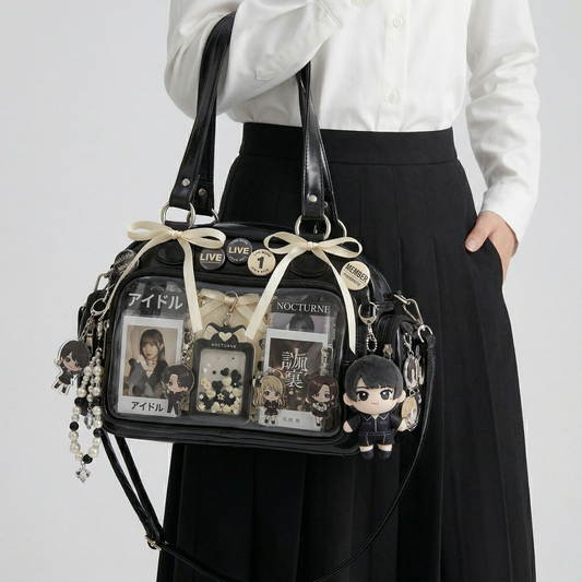 Emi Wide Display Itabag | Y2K Dopamine Cute Black Handbag Cute Kawaii Large ita bag, Custom Anime Oshikatsu Window Display Bag