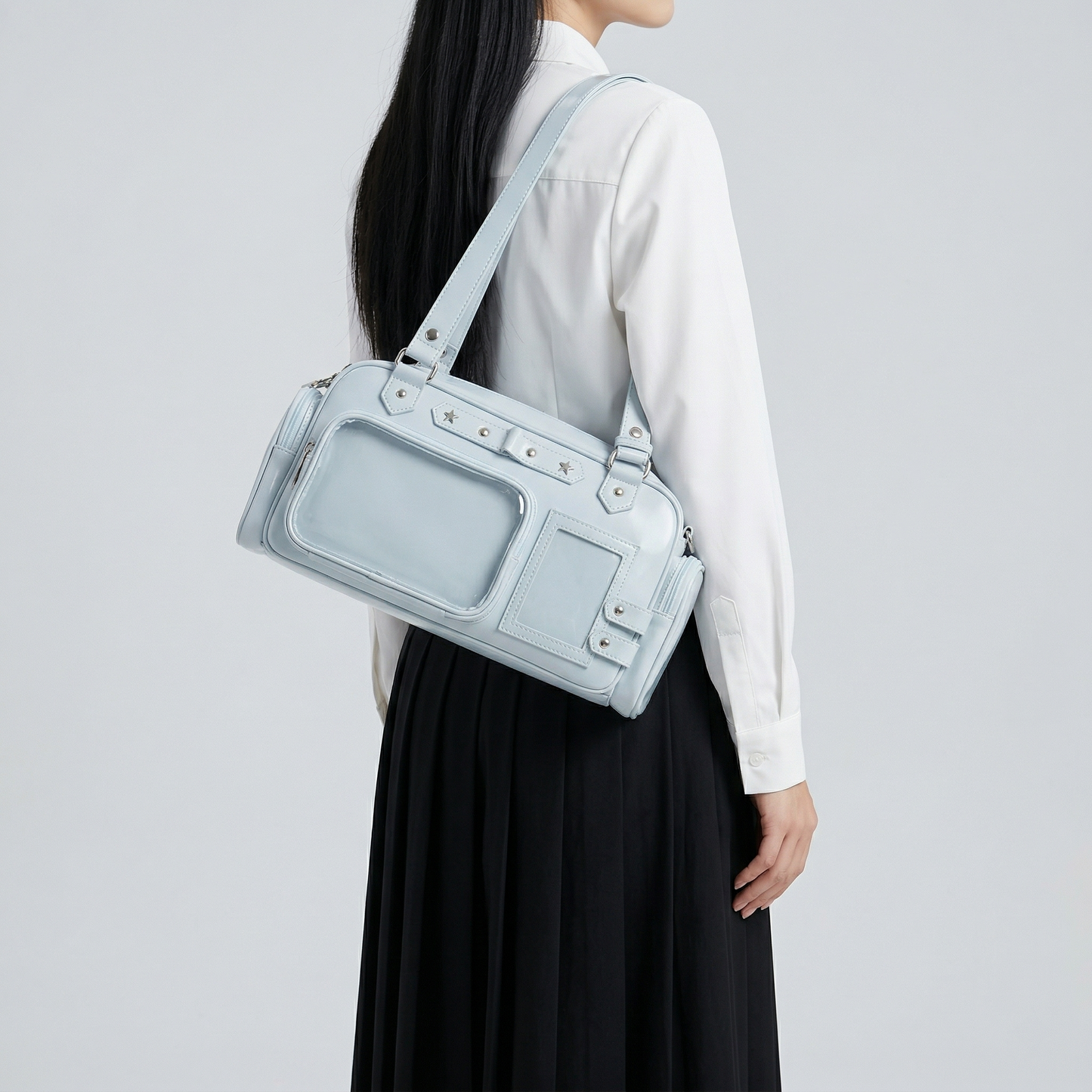 Tsutsu Y2K Dopamine Silver Barrel Duffle Multi Pocket Crossbody Ita Bag | Cute Kawaii ita bag, itabag backpack, Anime Oshikatsu Window Bag