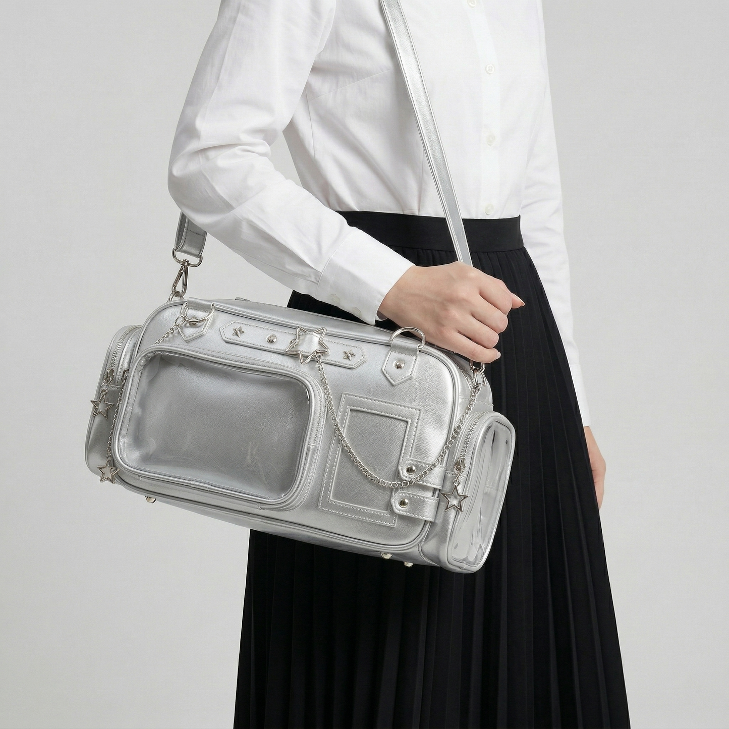 Tsutsu Y2K Dopamine Silver Barrel Duffle Multi Pocket Crossbody Ita Bag | Cute Kawaii ita bag, itabag backpack, Anime Oshikatsu Window Bag