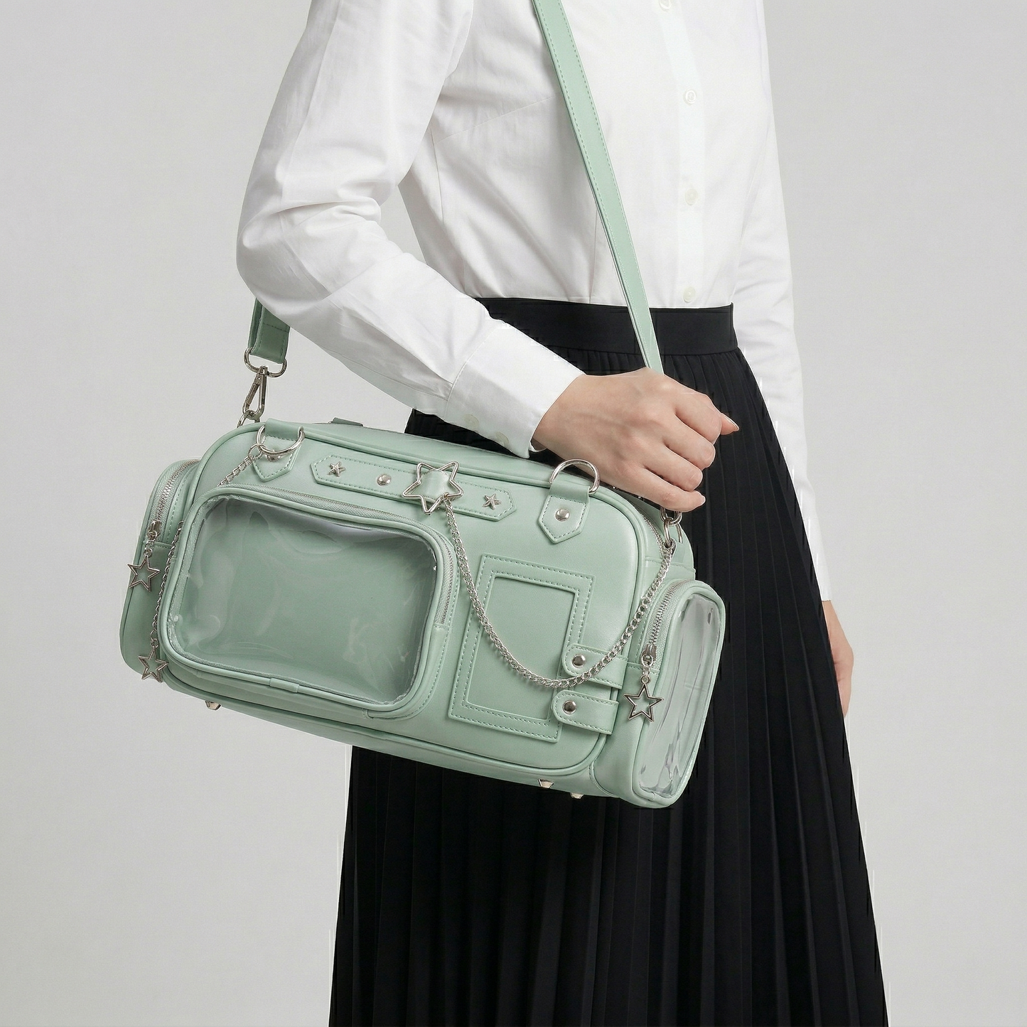 Tsutsu Y2K Dopamine Silver Barrel Duffle Multi Pocket Crossbody Ita Bag | Cute Kawaii ita bag, itabag backpack, Anime Oshikatsu Window Bag