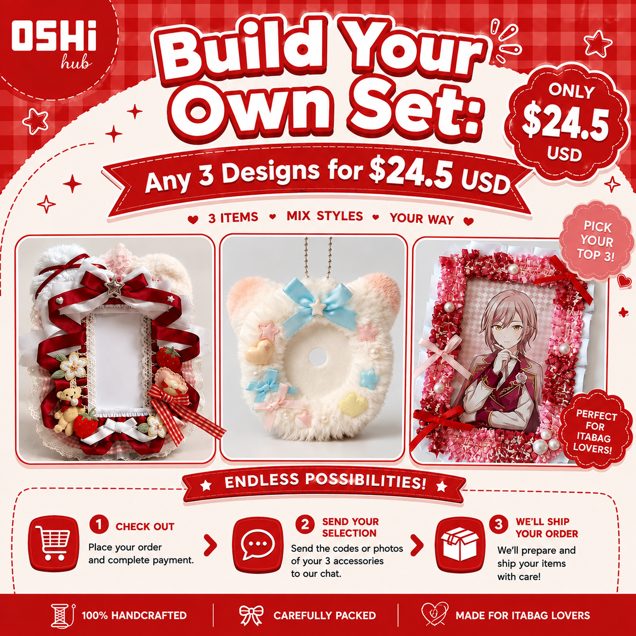 Red Ita Bag Accessories Set | Ribbon Bow Charm, Pin Holder, Badge Holder, Photocard Holder, Ita Bag Accessories, Oshikatsu Decor