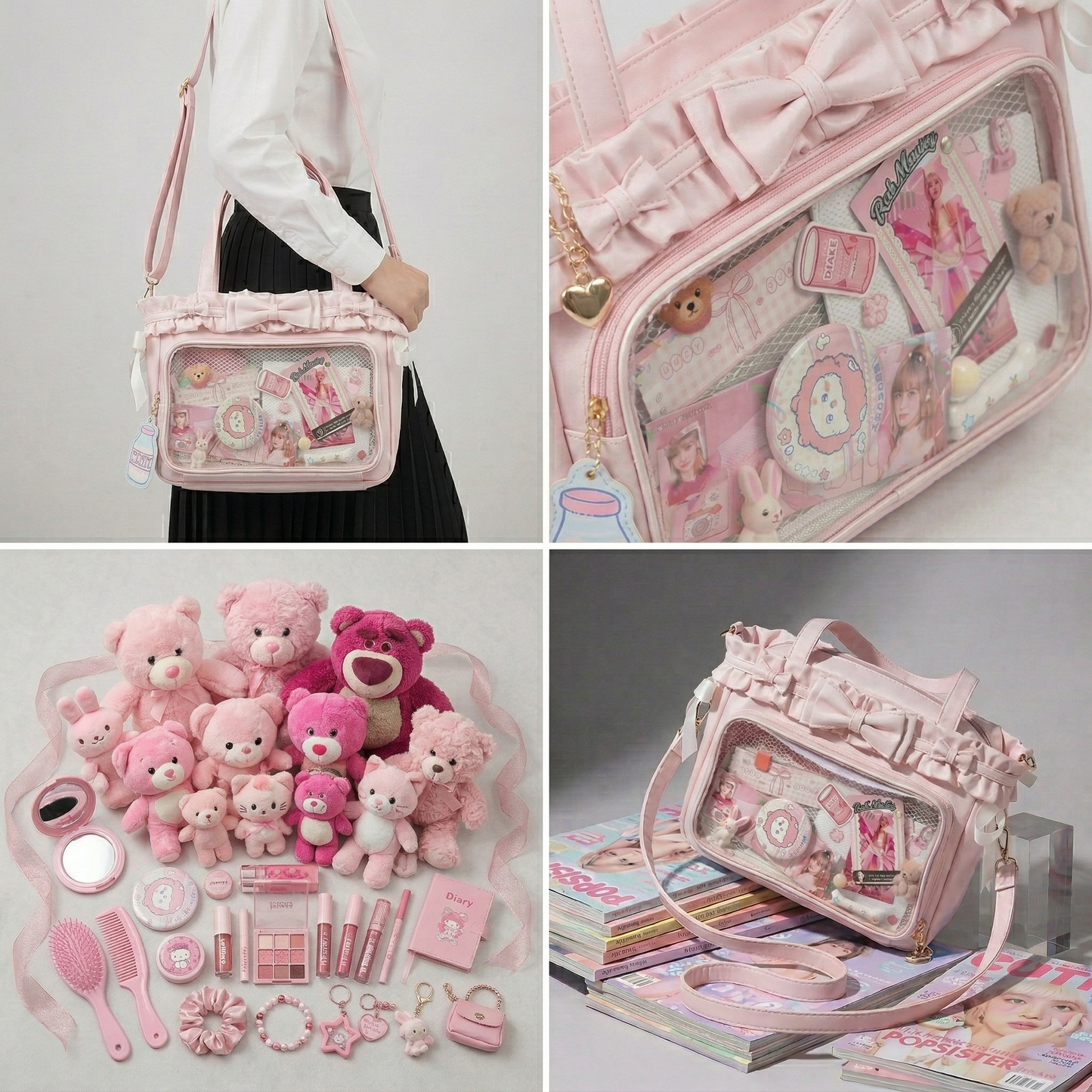 Waku Wide DIsplay Itabag | Kawaii Y2K Dopamine Ruffle Trim Structured Frame Large Pink ita bag, Custom Anime Oshikatsu Window Display Bag
