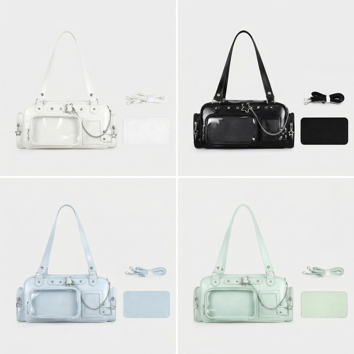 Tsutsu Y2K Dopamine Silver Barrel Duffle Multi Pocket Crossbody Ita Bag | Cute Kawaii ita bag, itabag backpack, Anime Oshikatsu Window Bag