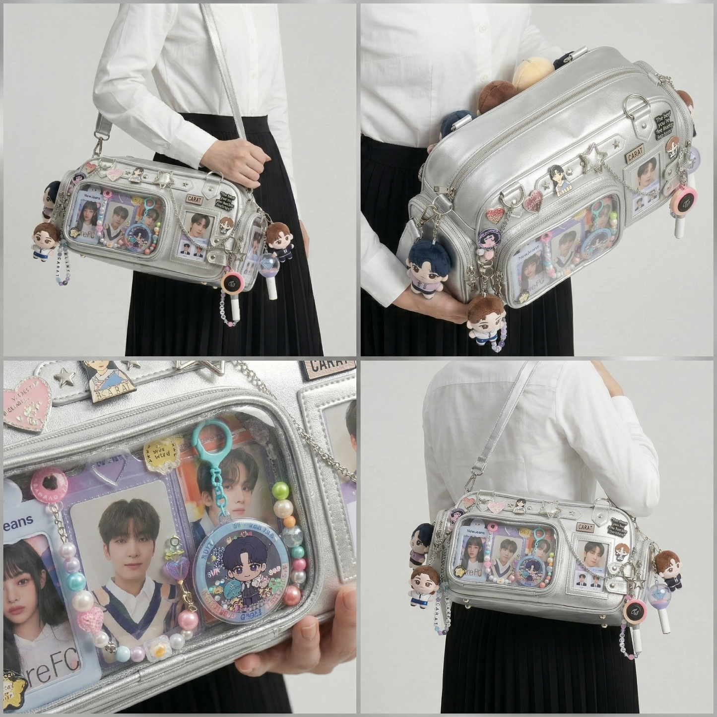 Tsutsu Y2K Dopamine Silver Barrel Duffle Multi Pocket Crossbody Ita Bag | Cute Kawaii ita bag, itabag backpack, Anime Oshikatsu Window Bag