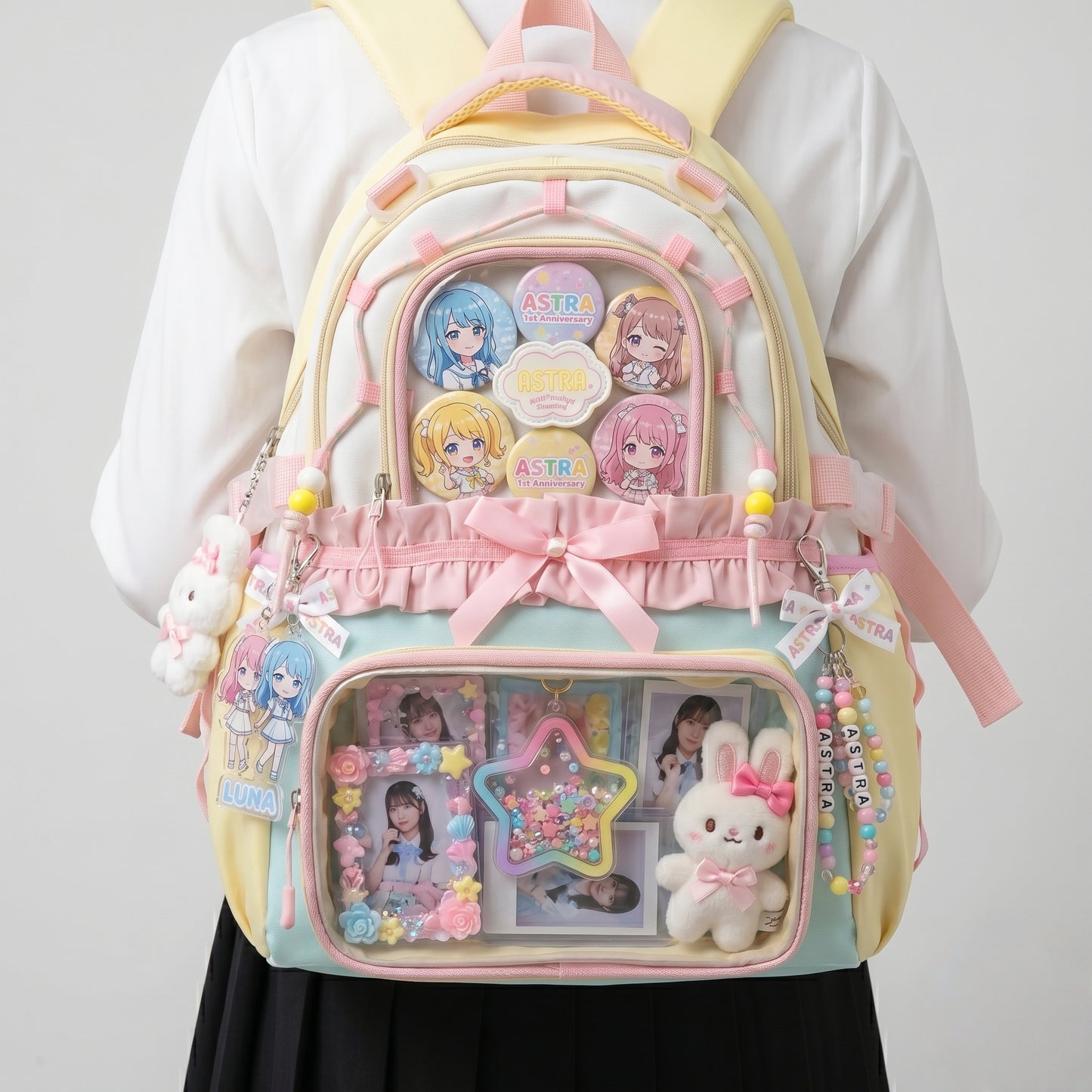Kaori the Y2K Dopamine Multi Pocket Large Backpack Ita Bag Backpack with Custom Accessories | Oshikatsu Cute Kawaii Anime Itabag Daypack