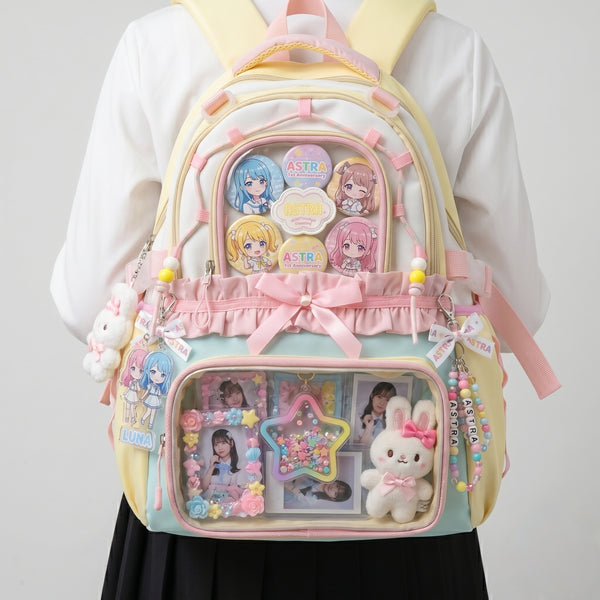Kaori Multi Pocket Ita Backpack main product view showing large front display window and multiple storage pockets