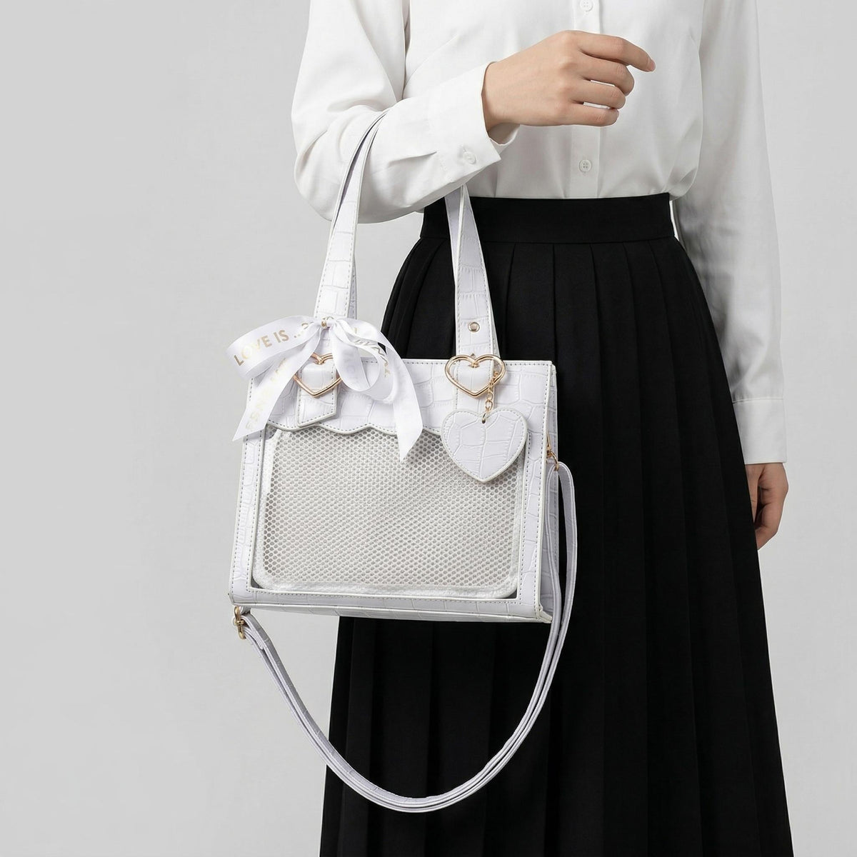 Aoi Croco Shoulder Ita Bag product angle showing clear front display area and bag depth