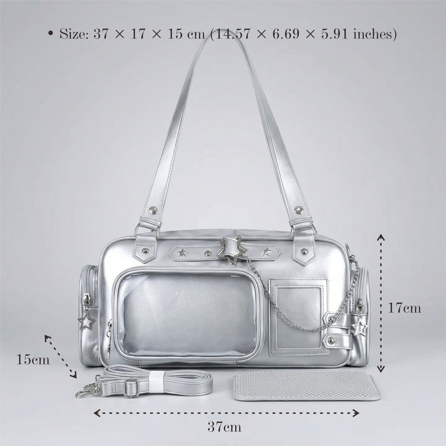 Tsutsu Y2K Dopamine Silver Barrel Duffle Multi Pocket Crossbody Ita Bag | Cute Kawaii ita bag, itabag backpack, Anime Oshikatsu Window Bag