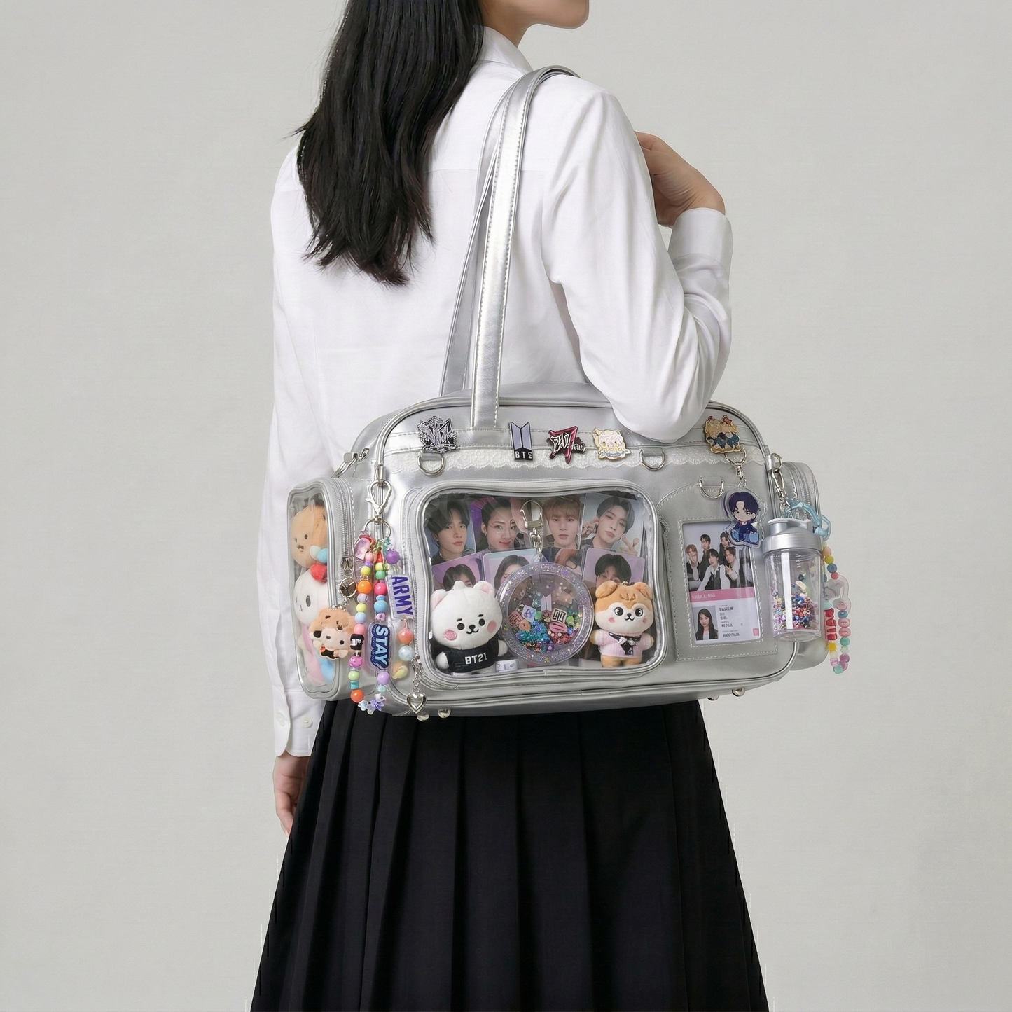 Naga Y2K Dopamine Elongated Cylinder Duffle Large Silver Ita Bag | Cute Kawaii itabag backpack, Custom Anime Oshikatsu Window Display Bag