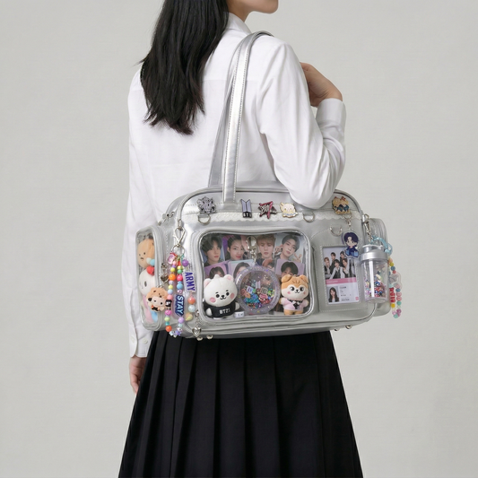 Naga Y2K Dopamine Elongated Cylinder Duffle Large Silver Ita Bag | Cute Kawaii itabag backpack, Custom Anime Oshikatsu Window Display Bag